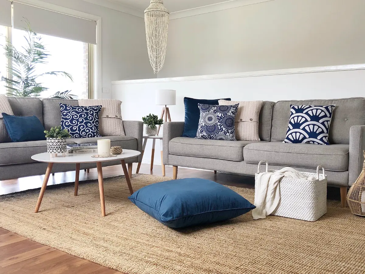 Corindi collection in a coastal styled scene with blue velvet floor cushion