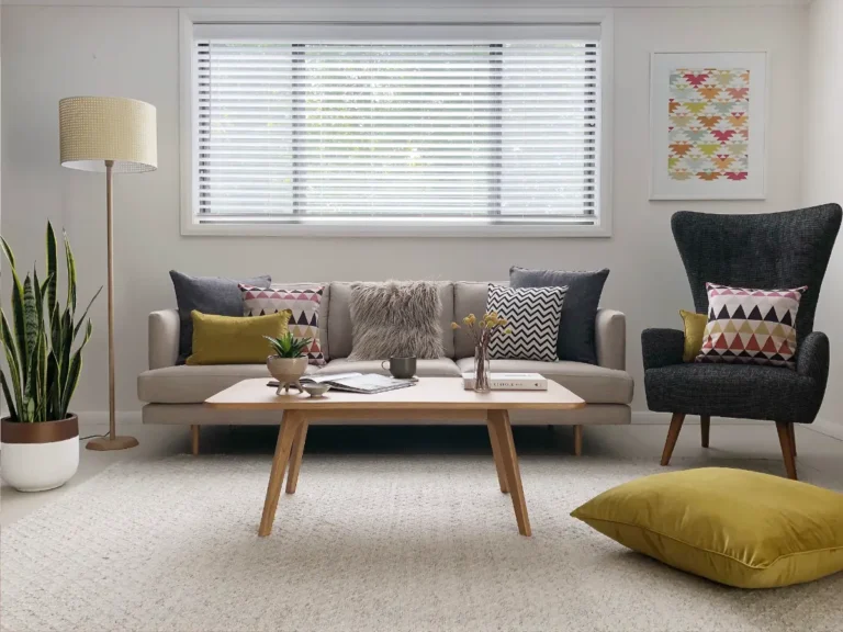 Living room styled in Mid century modern decor with mustard and fur cushions