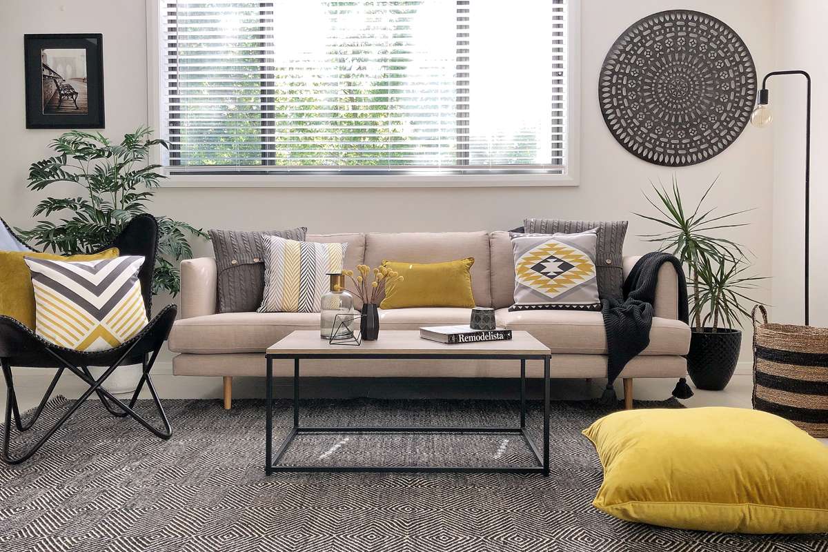 Living room with urban modern style and mustard and black cushions
