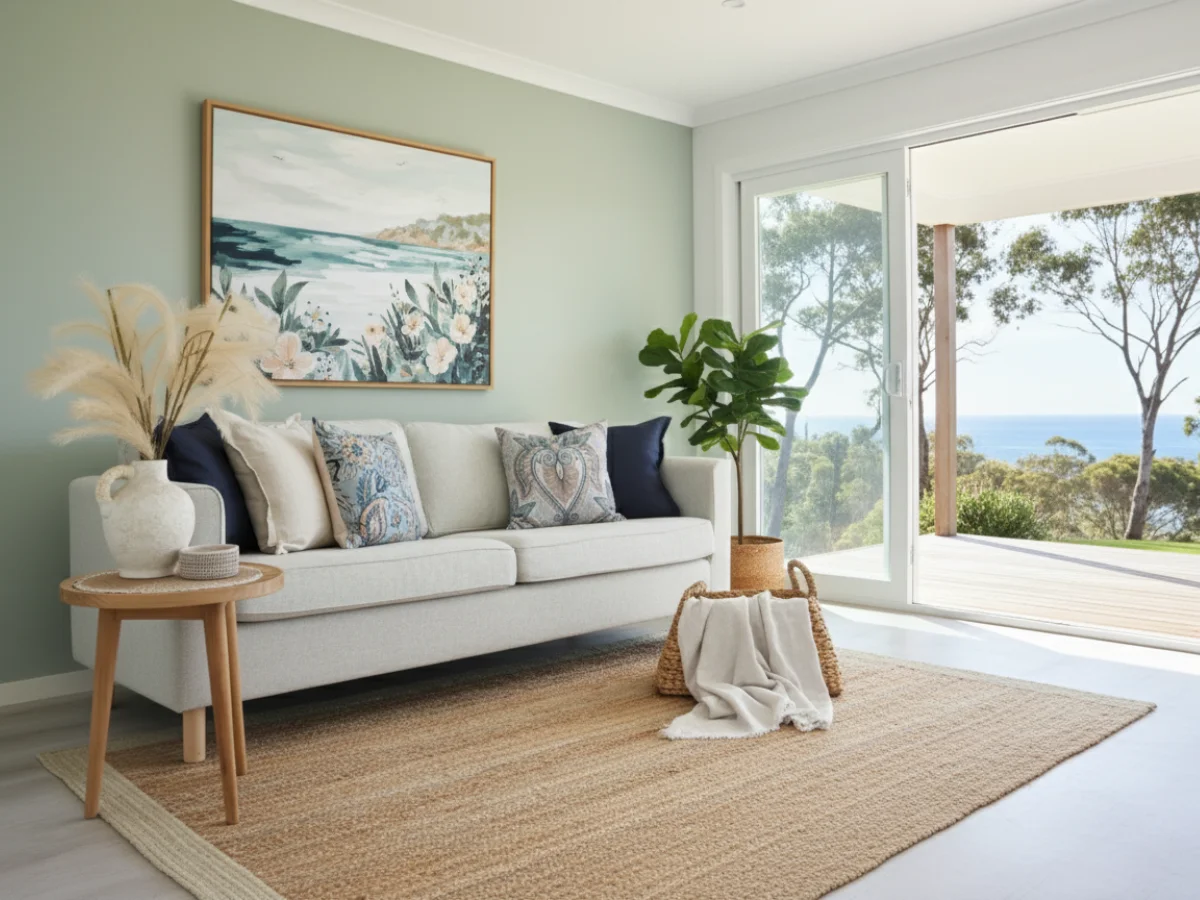 Beautiful teal cushions styled in a room that outlooks the ocean and trees.