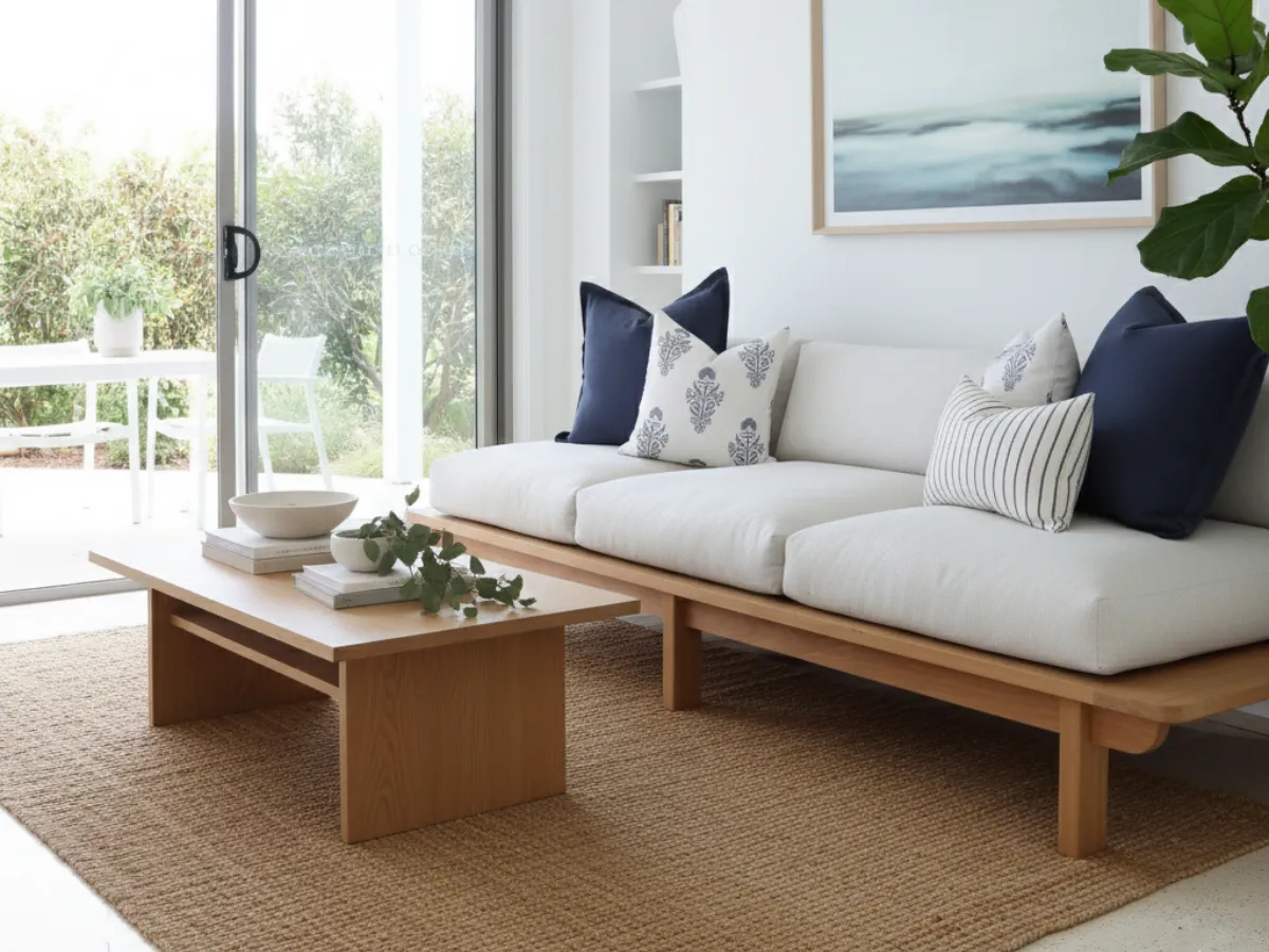 A light coloured sofa with a cushion combination that consists of solids, stripes and floral prints in a navy colour.