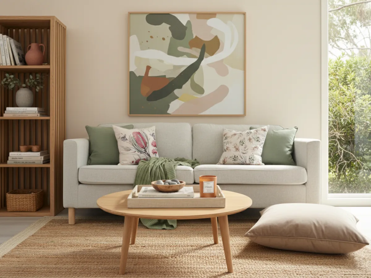 A lounge room scene with a couch that has cushions on it in a bright colour palette.