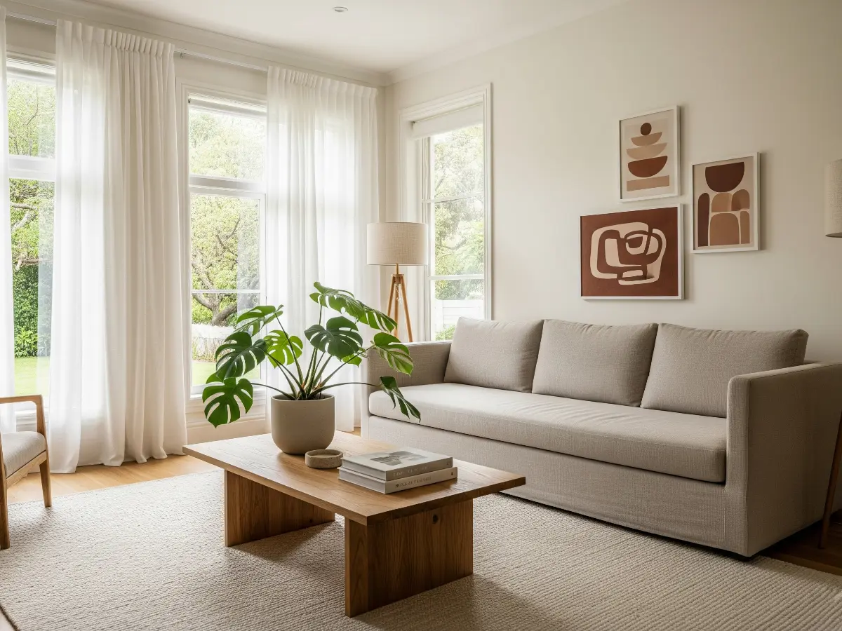 A typical Australian living room is shown with a sofa that has no cushions on it yet and artwork on the wall.
