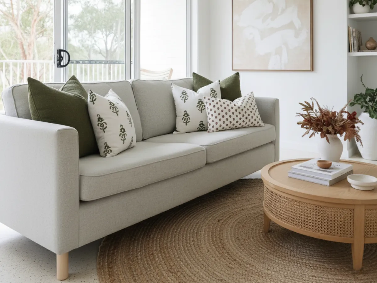 A well arranged cushion combo made up of green solids and patterns.