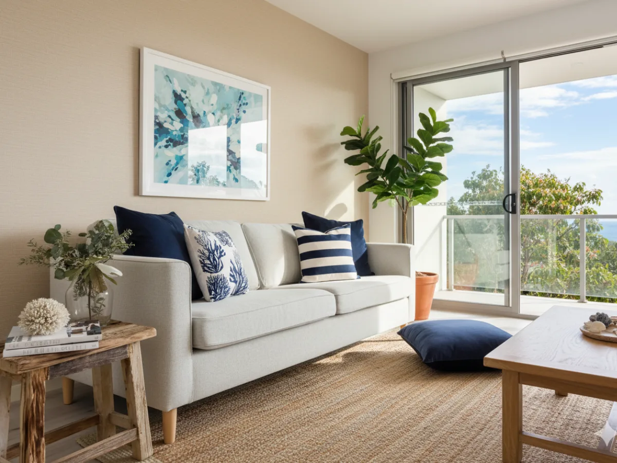 Beach front apartment with arranged coastal style cushions on a couch.