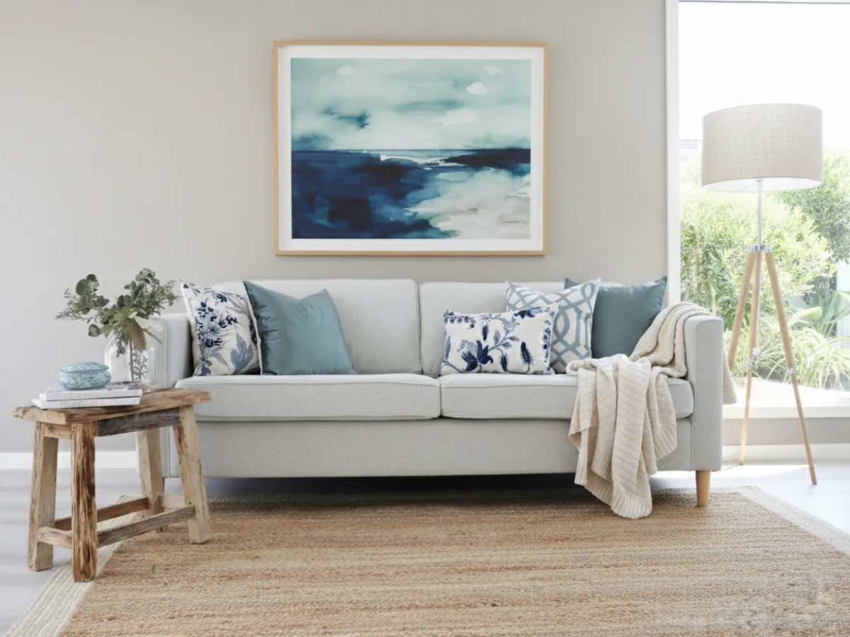 Some coastal inspired cushions arranged on a lounge.