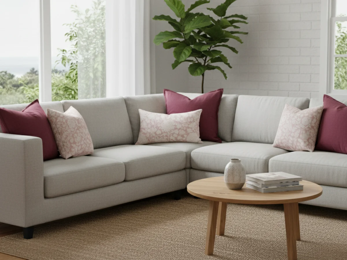 A corner sofa is decorated with 7 cushions laid out in clusters and pairs.