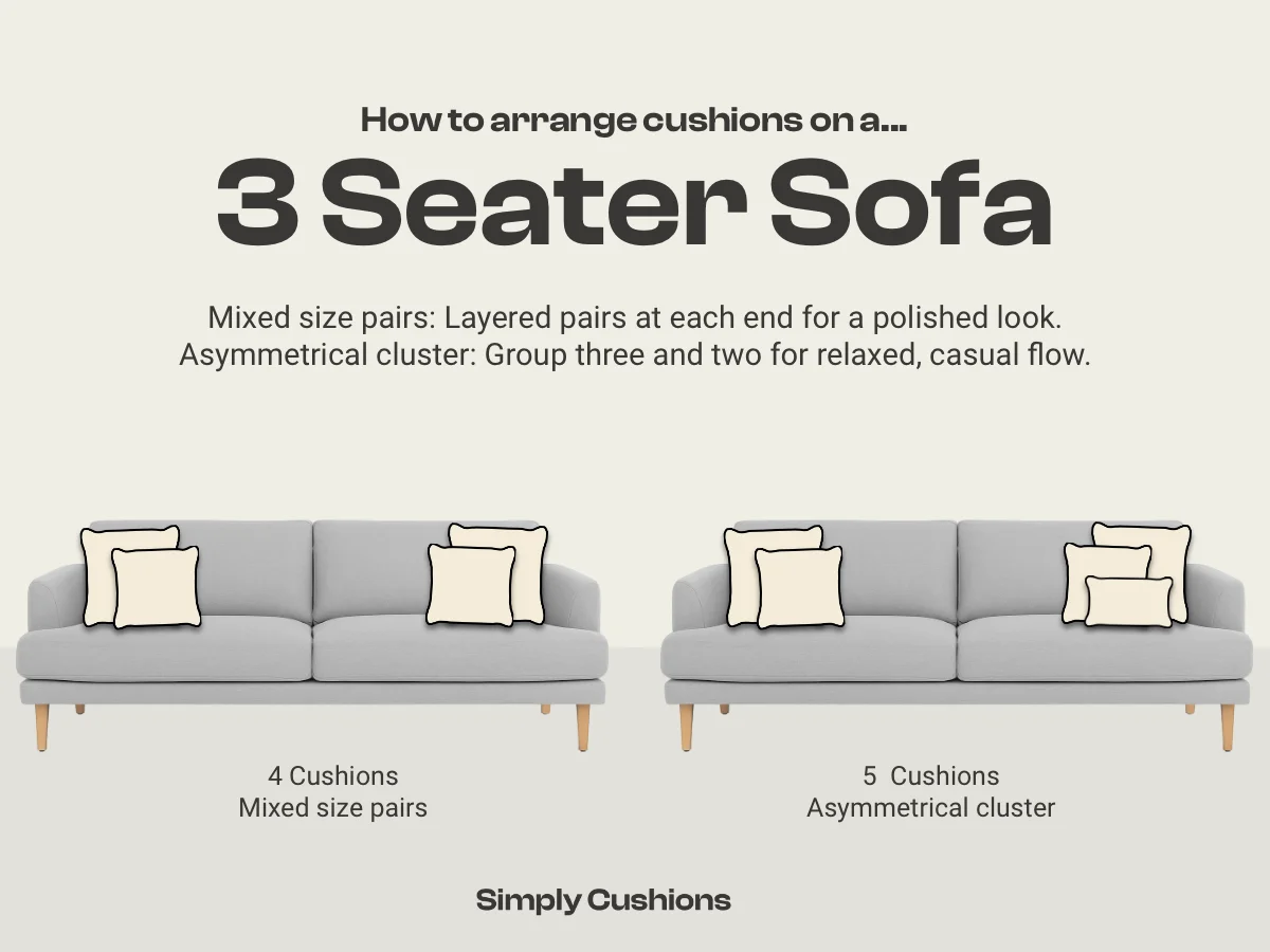 Graphic showing two options for how to arrange cushions on a 3 seater sofa. Options for 4 cushions and 5 cushions are shown. Mixed size pairs and an asymmetrical cluster.