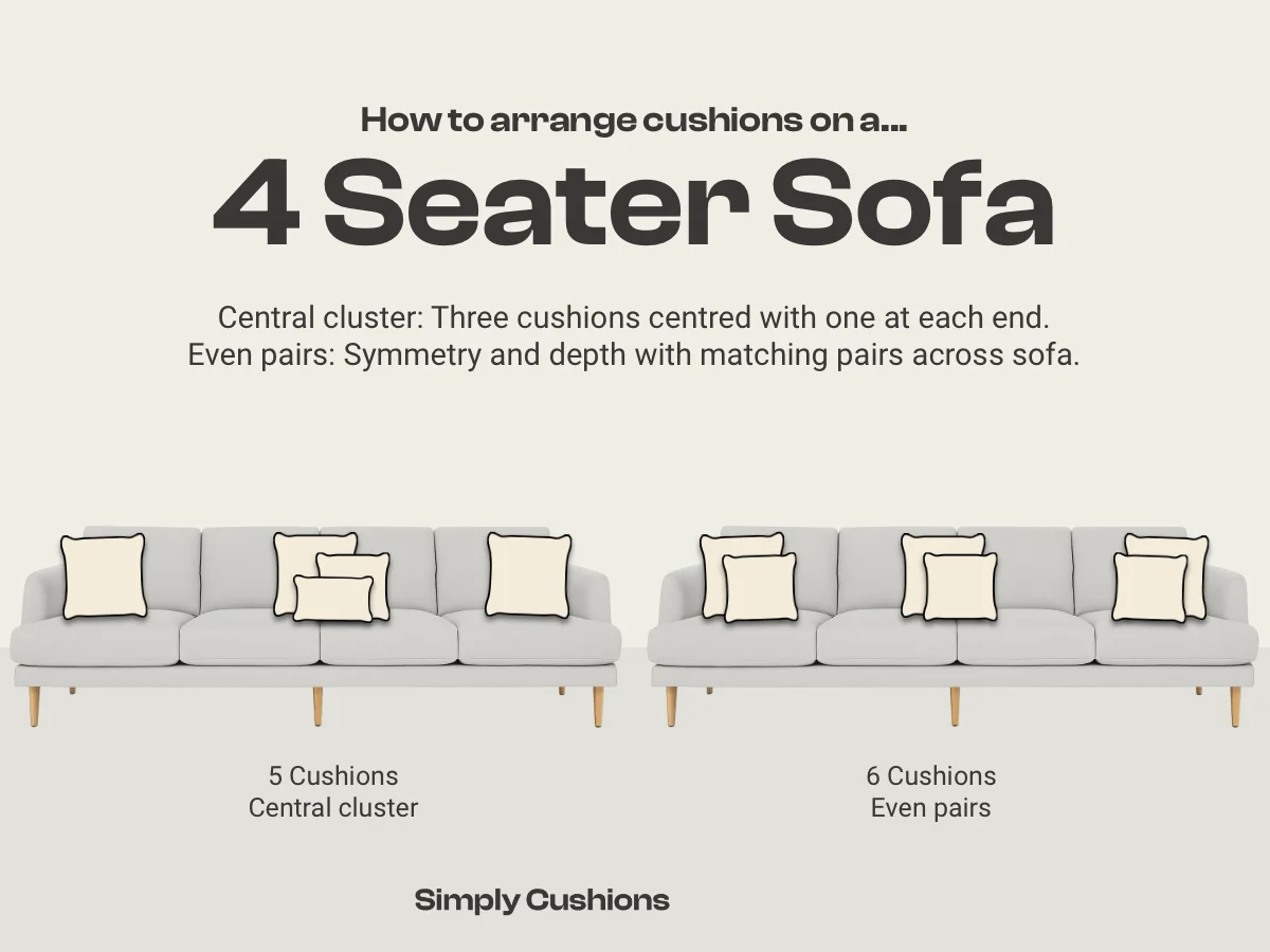 Graphic showing two options for how to arrange cushions on a 4 seater sofa. Options for 5 cushions and 6 cushions are shown. Central cluster and even pairs.