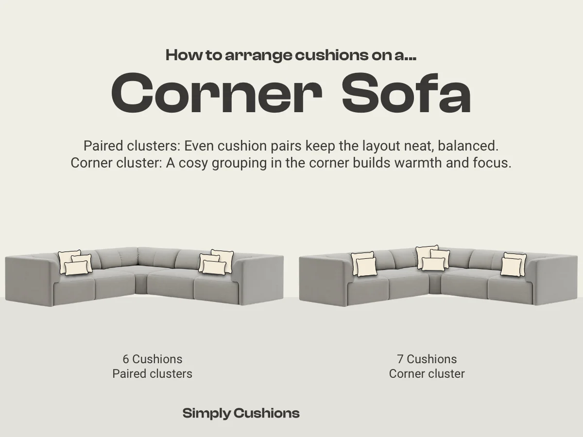 Graphic showing two options for how to arrange cushions on a corner sofa. Options for 6 cushions and 7 cushions are shown. Paired clusters and a corner cluster.