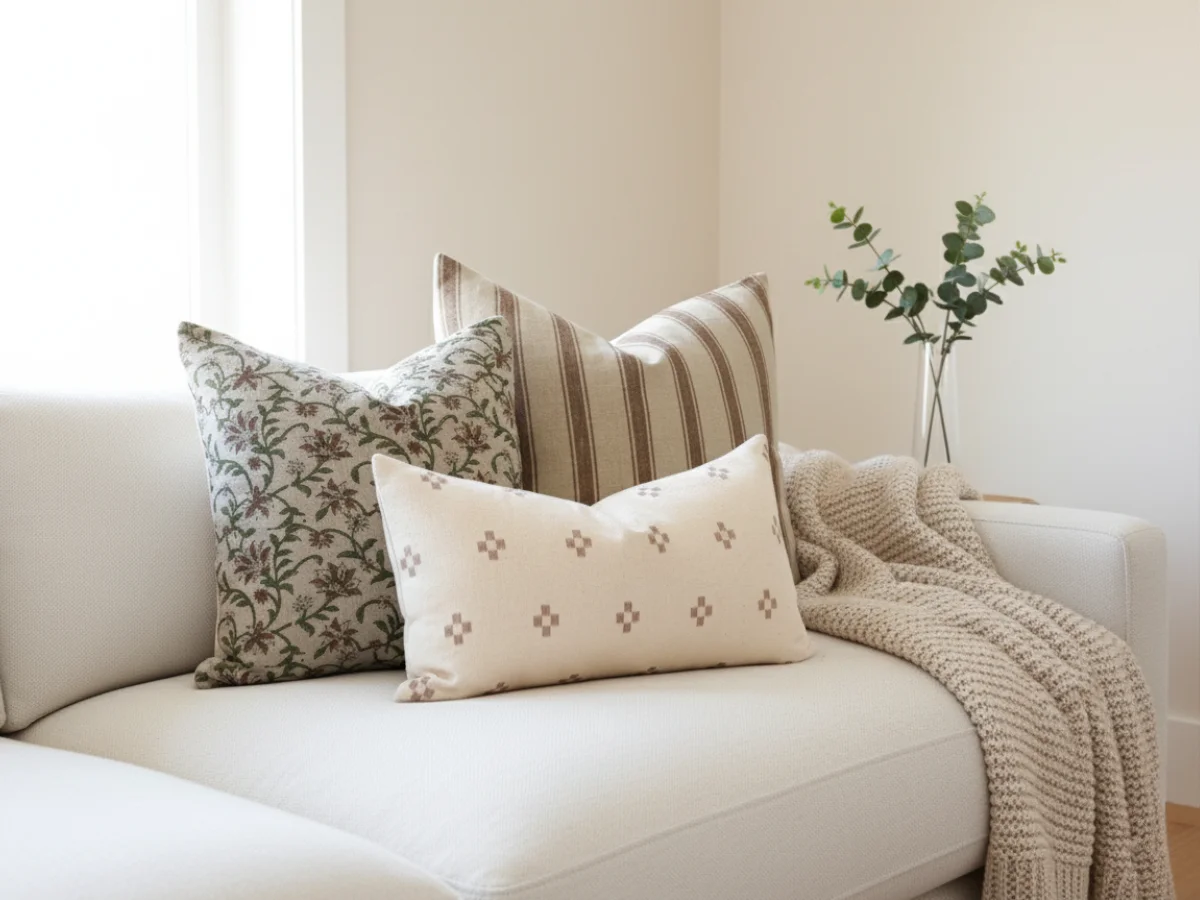 A modular sofa styled with a cluster of three cushions in earthy colours.