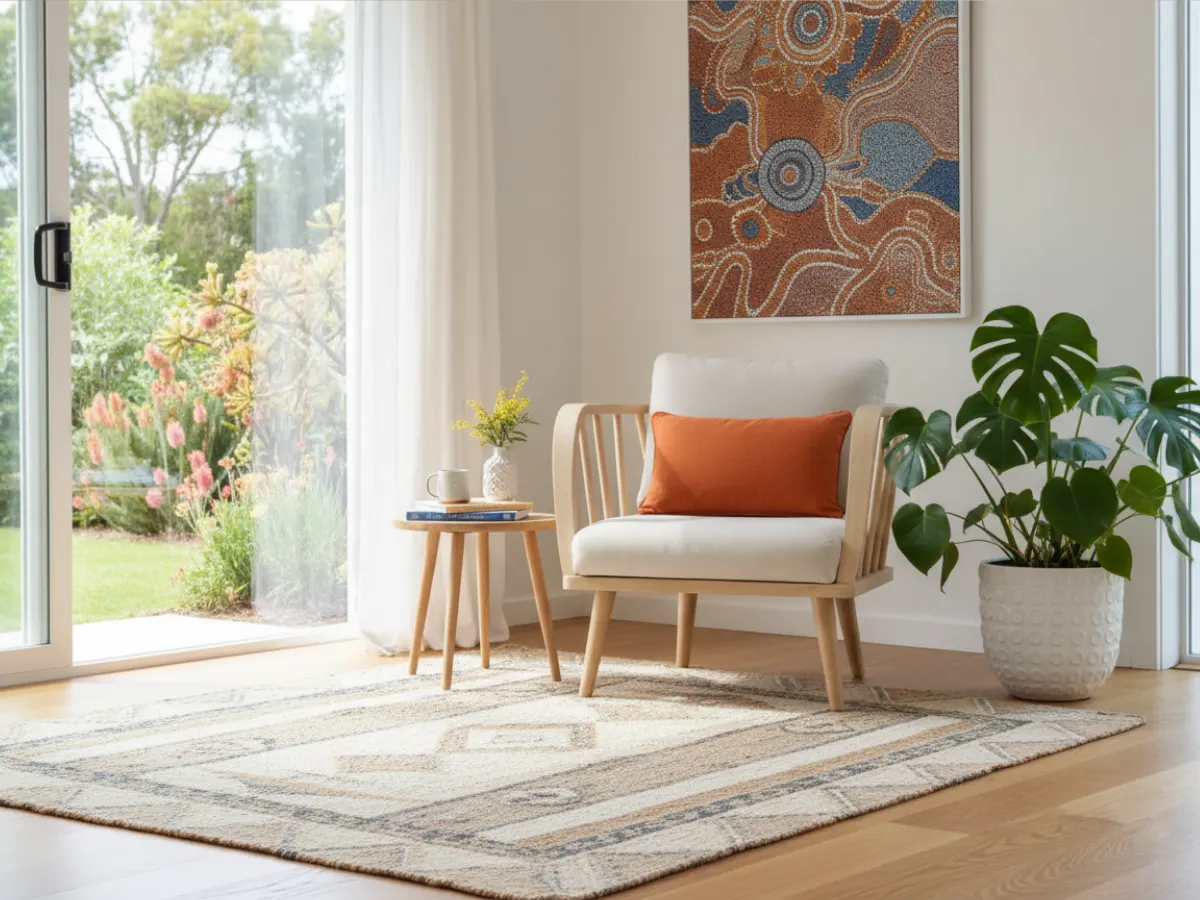 A single orange cushions is arranged on an armchair with it reflecting the colours in the nearby artwork.