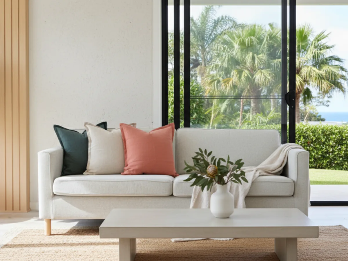 Three coloured linen cushions arranged on a grey sofa with water views outside.