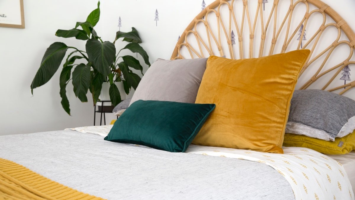 Throw pillows on a bed.
