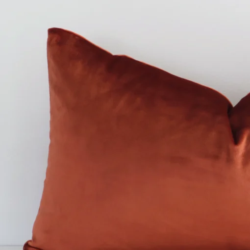 Close range image of rust cushion. The rectangle size and velvet material can be seen in detail.