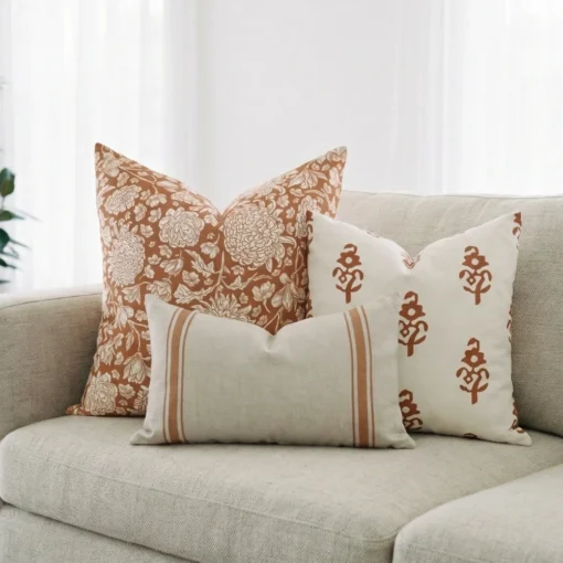 Elle cushions styled on sofa with burgundy, cream and soft textured designs.