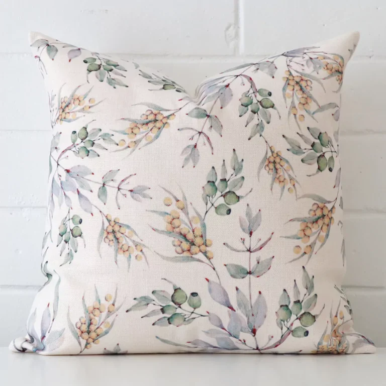 Striking square cushion cover featuring a floral style on quality linen fabric.