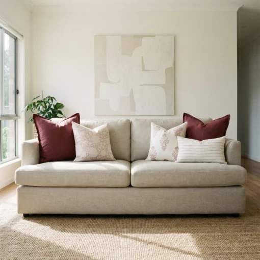 Elle cushions styled on sofa with burgundy, beige and subtle striped cushions.