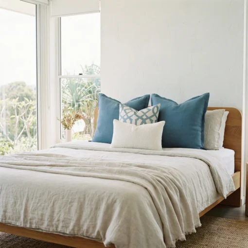 Eva cushions on bed with blue tones, geometric pattern and textured white cushion.