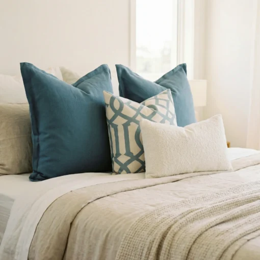 Eva cushions styled on bed with teal, geometric print and soft neutral accents.