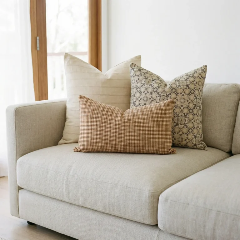 Hunter cushions on sofa with beige stripe, gingham and intricate floral patterns.