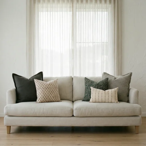 Jude cushions arranged on sofa with dark green, cream and striped patterned cushions.