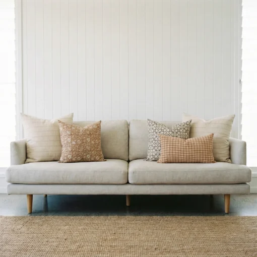 Lennox cushions arranged on sofa with beige, floral and check patterned cushions.