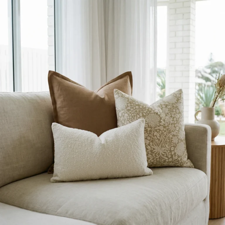 Lily cushions on sofa with warm tan, floral pattern and soft white texture.