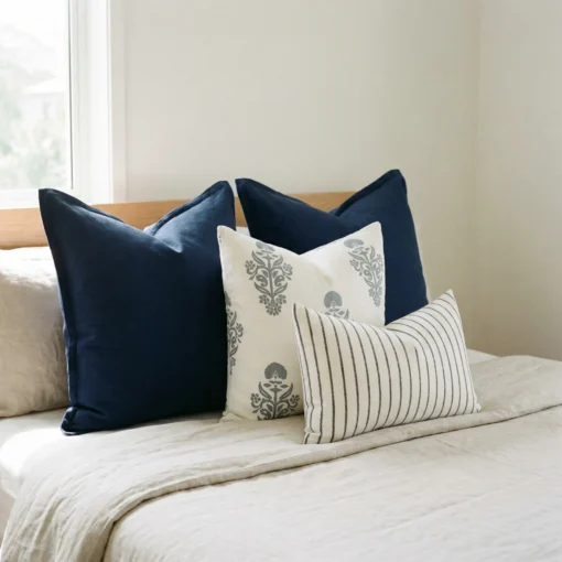 Maya cushions on bed with navy, white floral and striped rectangular design.