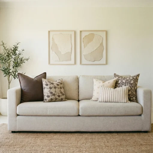 Nellie cushions arranged on sofa with brown, beige and floral patterned cushions.
