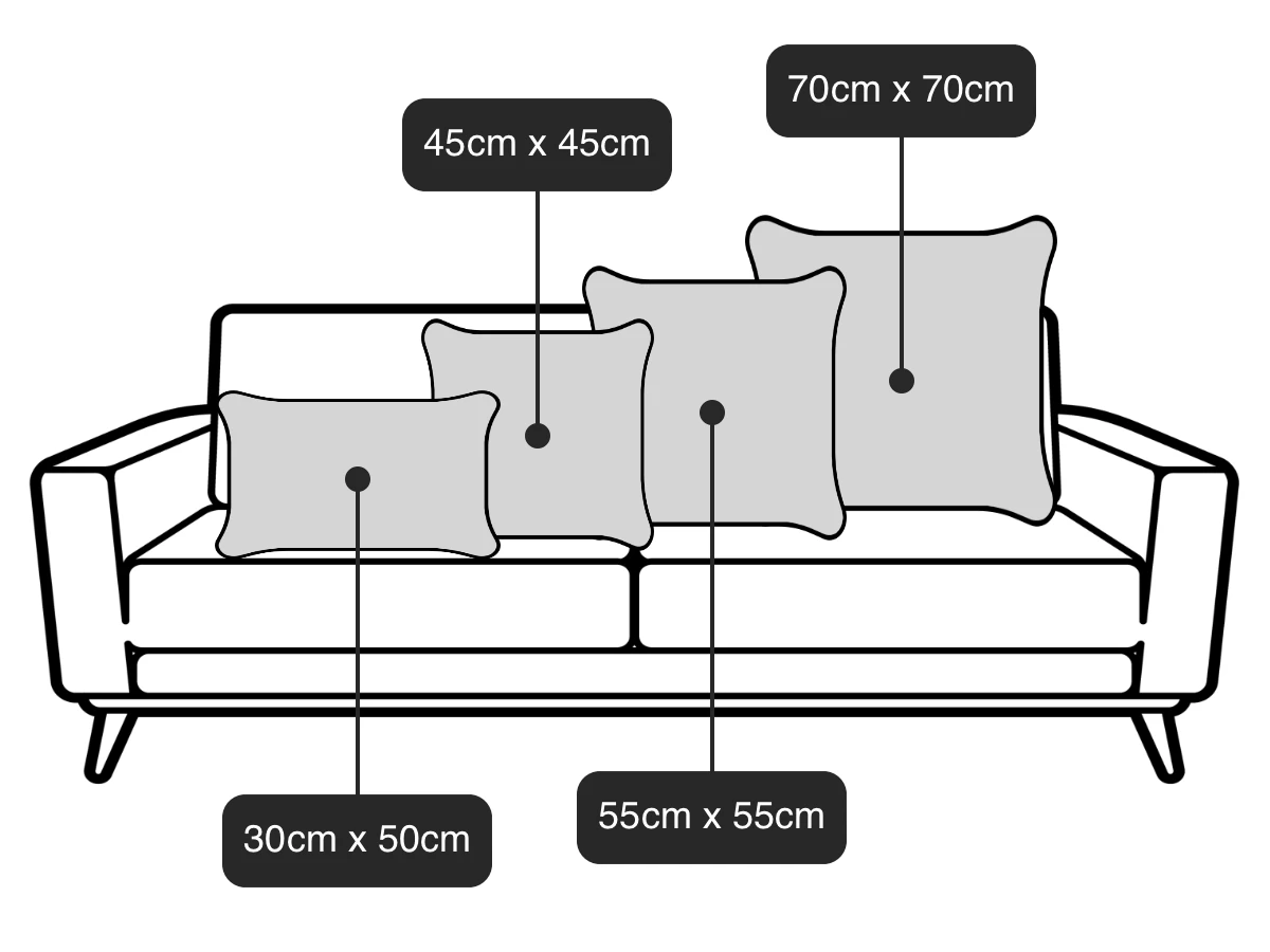 A sofa showing the different standard cushion sizes in Australia.