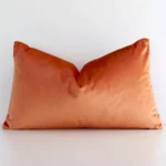 Burnt orange solid-coloured cushion positioned in front of a white wall. It has rectangle dimensions and is made from a velvet material.