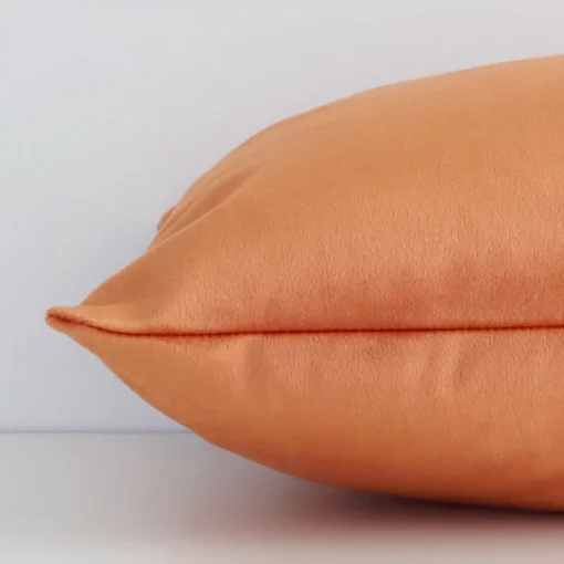 Enlarged image of the side of this burnt orange velvet cushion. The angle highlights how the square design and solid-coloured decorative finish are joined along the seam.