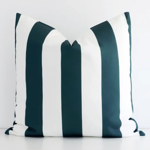 A pretty striped outdoor cushion cover is shown against a white wall. It features a large size and a green colour finish.