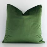 A pretty solid-coloured velvet cushion cover is shown against a white wall. It features a square shape and a forest green colour finish.