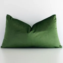 Forest green solid-coloured cushion leans elegantly against a white wall. It has been crafted from a high quality velvet material and has a rectangle. shape.