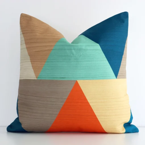 Stylish geometric linen cushion cover in a square shape with colourful print.