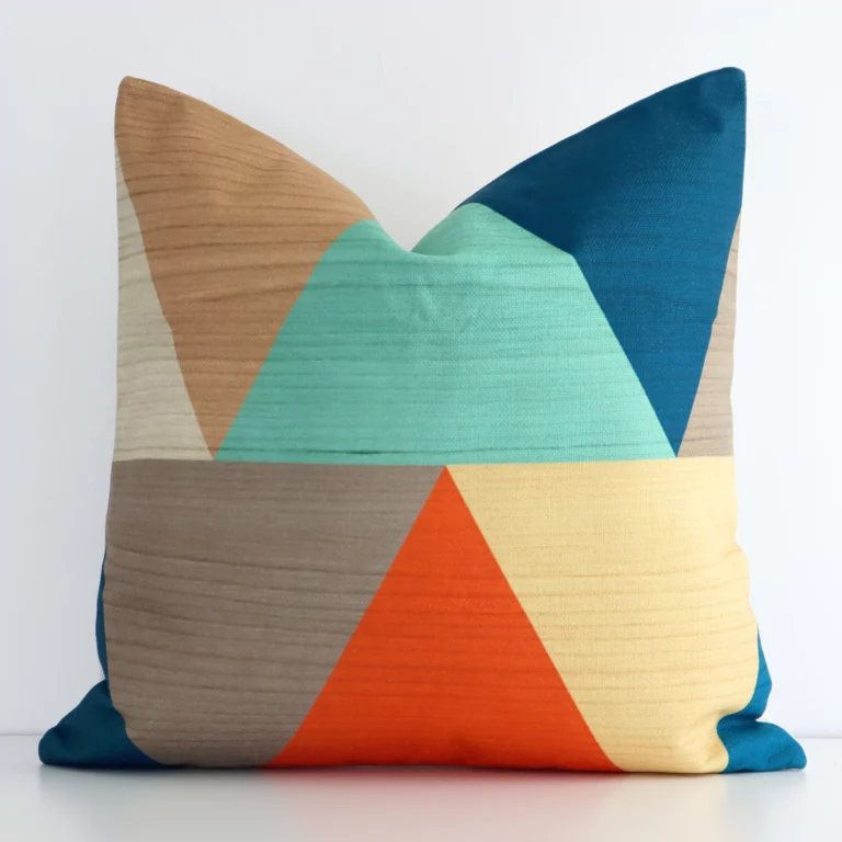 Stylish geometric linen cushion cover in a square shape with colourful print.