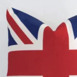 Close up image of linen square cushion. The image allows you to see the colourful hue and patterned style more thoroughly.