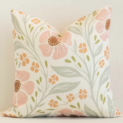 Lovely pink and green floral cushion made from outdoor fabric and in an elegant square size.