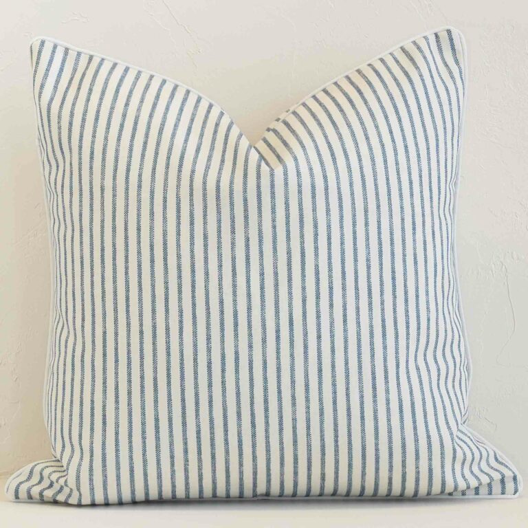 Vibrant striped outdoor cushion cover in a stylish square shape with blue colouring.