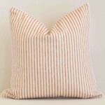 Bold square rust cushion positioned in front of white brickwork. Its striped style pops on the outdoor fabric.