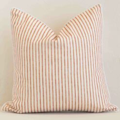 Bold square rust cushion positioned in front of white brickwork. Its striped style pops on the outdoor fabric.