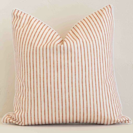 Bold square rust cushion positioned in front of white brickwork. Its striped style pops on the outdoor fabric.