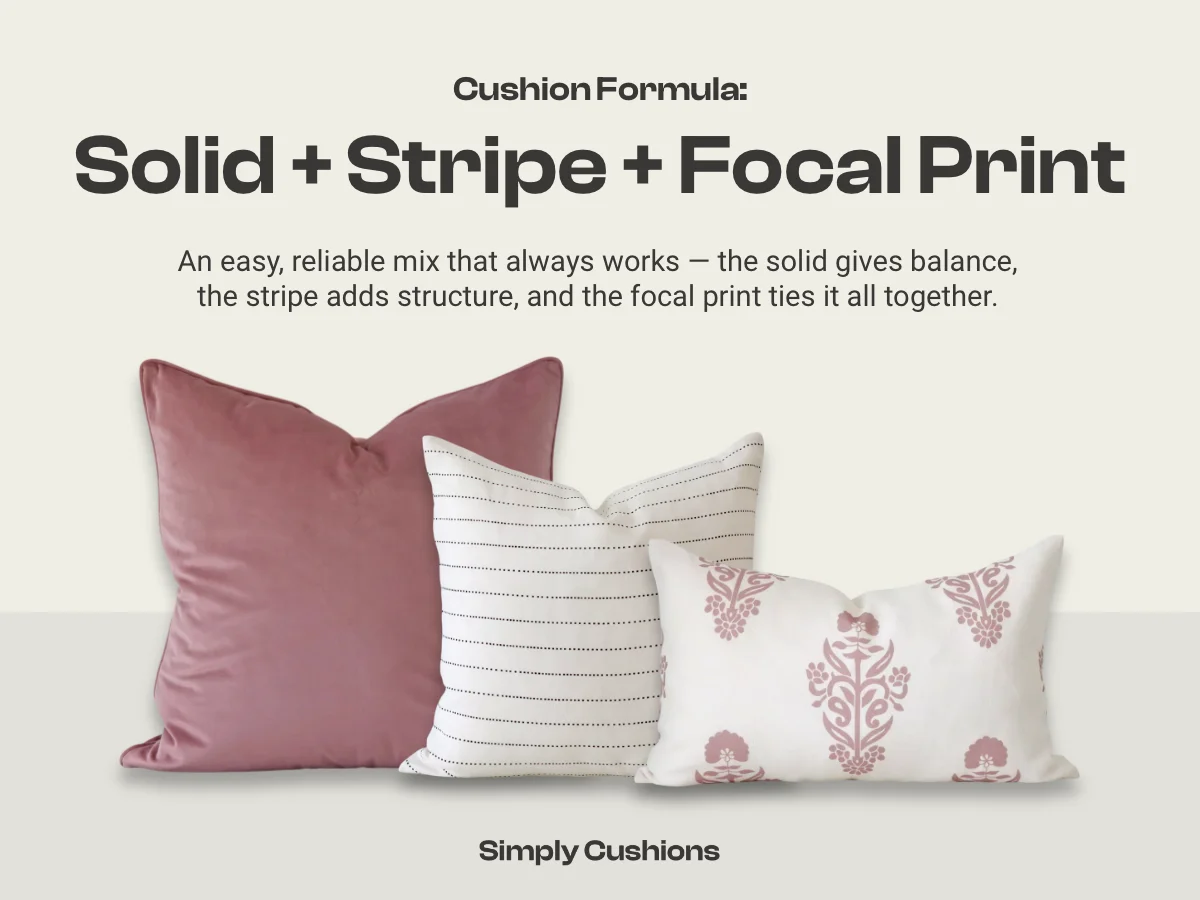 Cushion combination formula: solid + stripe + focal print broken down and shown with example cushions in soft pink and a neutral stripe.
