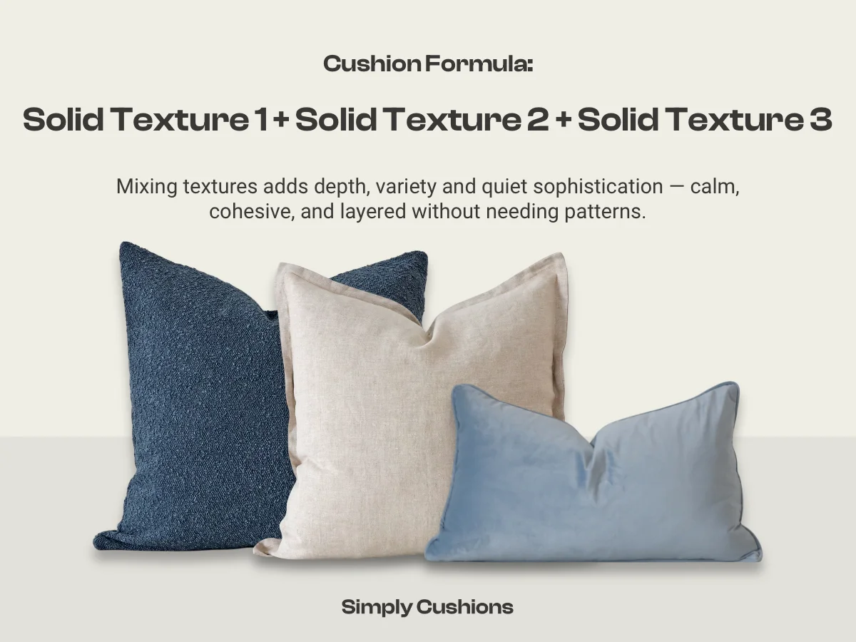 Cushion combination formula: solid texture 1 + solid texture 2 + solid texture 3. Here are three different solid coloured cushions each with different fabric textures including linen, velvet and boucle.