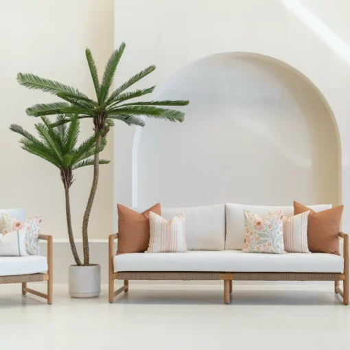 A set of 7 desert bloom outdoor cushions on a white sofa in an outdoor seating.