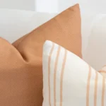 Corner of a set of 2 desert bloom outdoor couch cushions in a white living room.