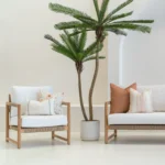 4 desert bloom outdoor cushions in a white painted living room.
