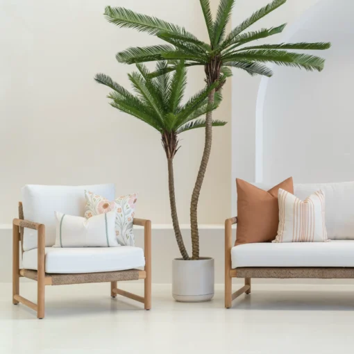 4 desert bloom outdoor cushions in a white painted living room.